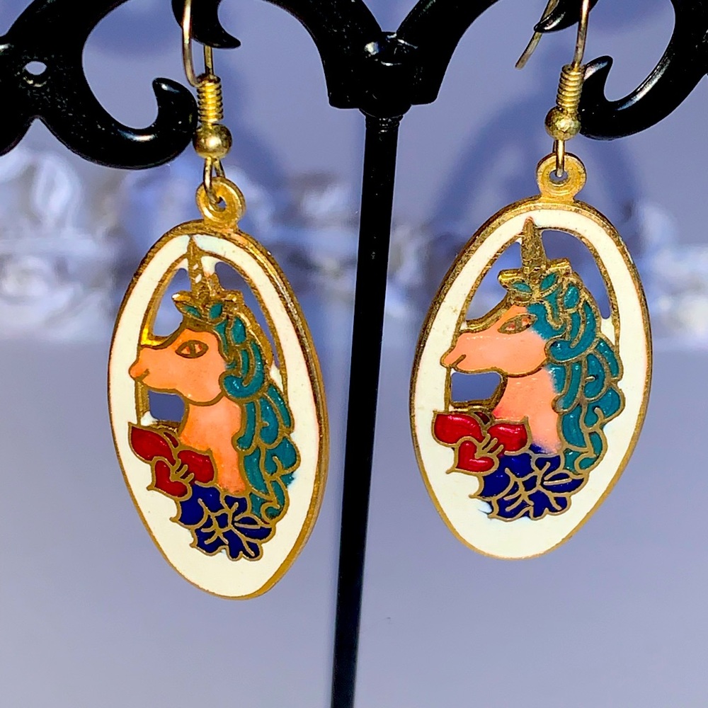 Vintage ~ Cloisonné Unicorn Drop Earrings